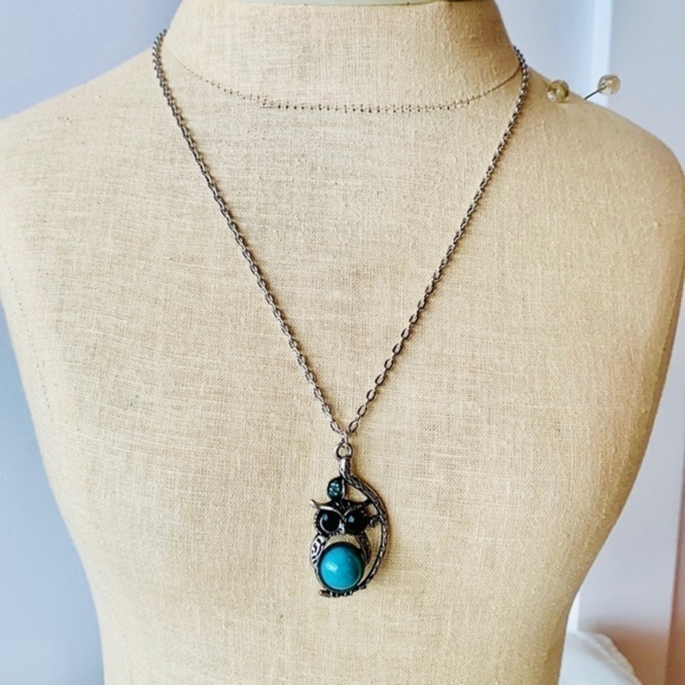 Owl southwestern boho turquoise blue crystal eyes hammered antiqued silver